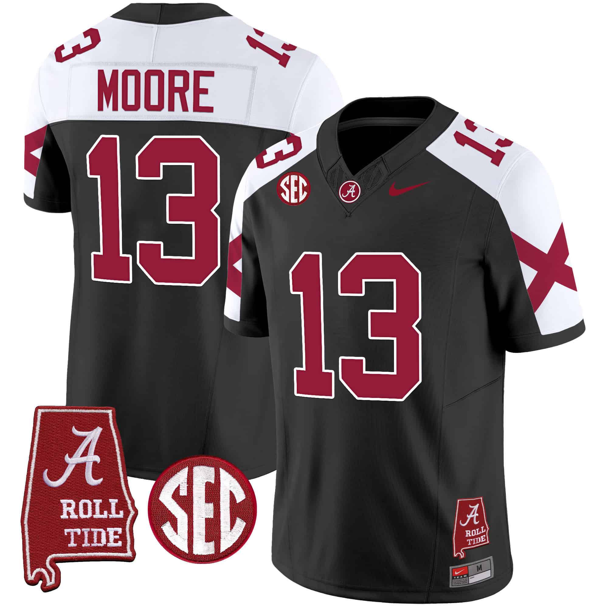 Men Alabama Crimson Tide #13 Moore Black Map Vapor Limited 2024 Nike NCAA Jersey style 1